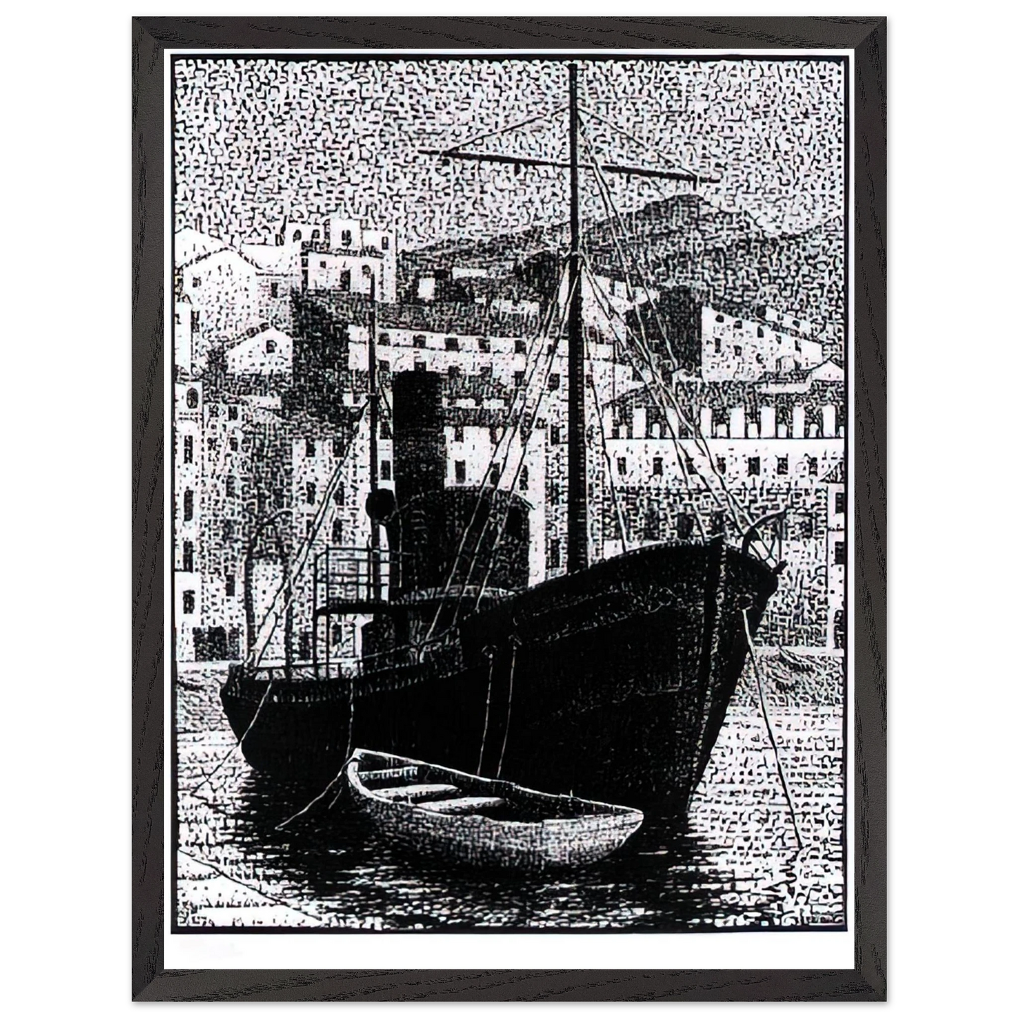 MC Escher - TUGBOAT OLD HARBOR OF BASTIA JANUARY 1934 1934 Wall Art - 60x80 cm / 24x32 inches - Premium Wooden Framed Poster With Fine Art Paper - Black frame