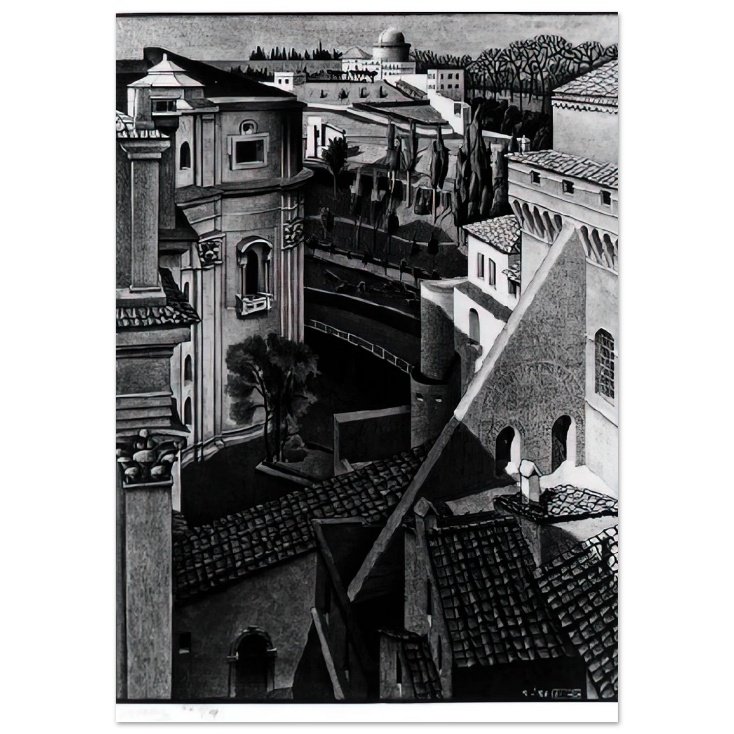 MC Escher - BERWEEN ST PETER AND SISTINE CHAPEL MARCH 1936 1936 Wall Art - 30x40 cm / 12x16 inches - Premium Wooden Framed Poster With Fine Art Paper - Black frame
