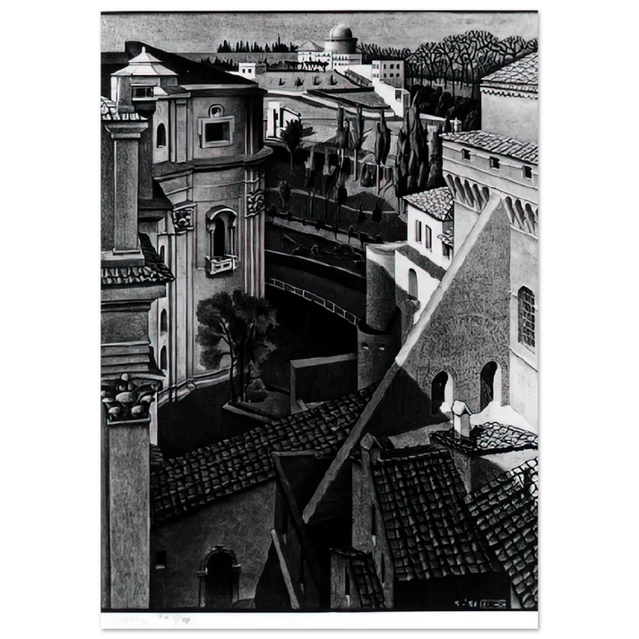 MC Escher - BERWEEN ST PETER AND SISTINE CHAPEL MARCH 1936 1936 Wall Art - 30x40 cm / 12x16 inches - Premium Wooden Framed Poster With Fine Art Paper-canvas - Black frame