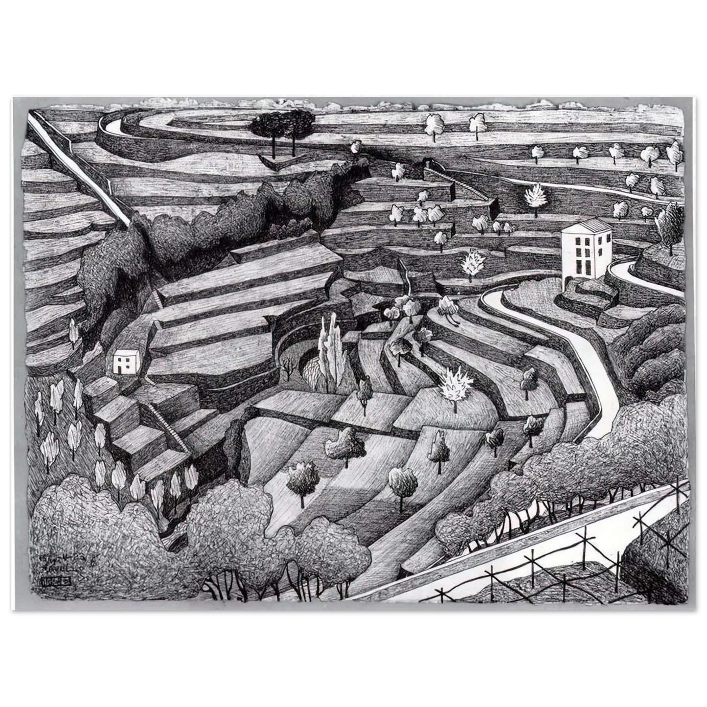 MC Escher - RAVELLO II Wall Art - 21x29.7 cm / 8x12" - Premium Wooden Framed Poster With Fine Art Paper - Black frame