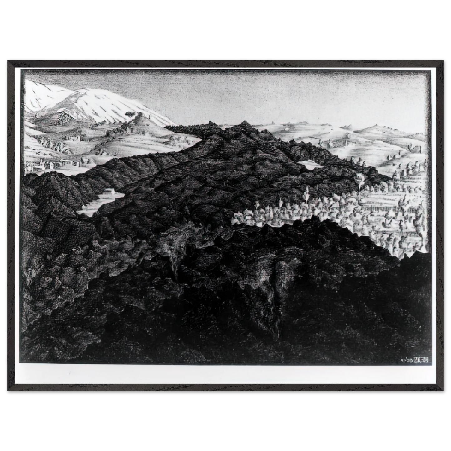 MC Escher - LAVA FLOW FROM ETNA Wall Art - 60x80 cm / 24x32 inches - Premium Wooden Framed Poster With Fine Art Paper - Black frame