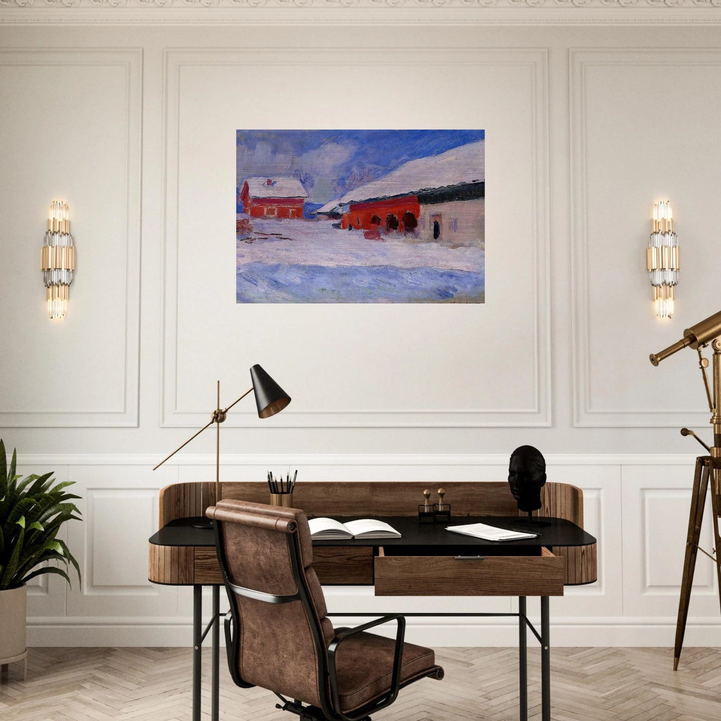 Red Houses at Bjornegaard in the Snow, Norway - claude monet Brushed Aluminum Print - 70x100 cm / 28x40 inches | claude monet Aluminum Print | claude monet Prints
