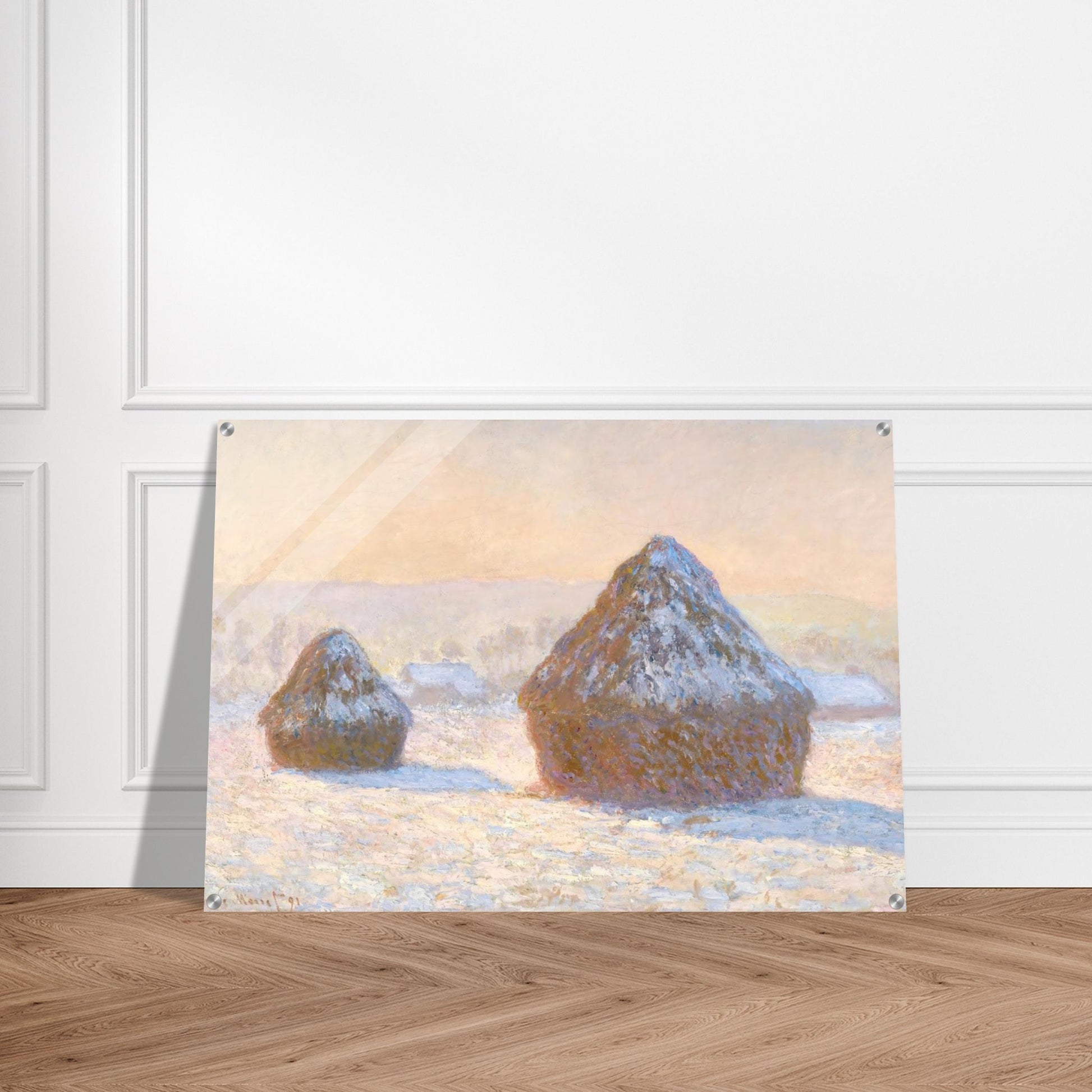 Wheatstacks, Snow Effect, Morning - claude monet Acrylic Print - 70x100 cm / 28x40″ inches