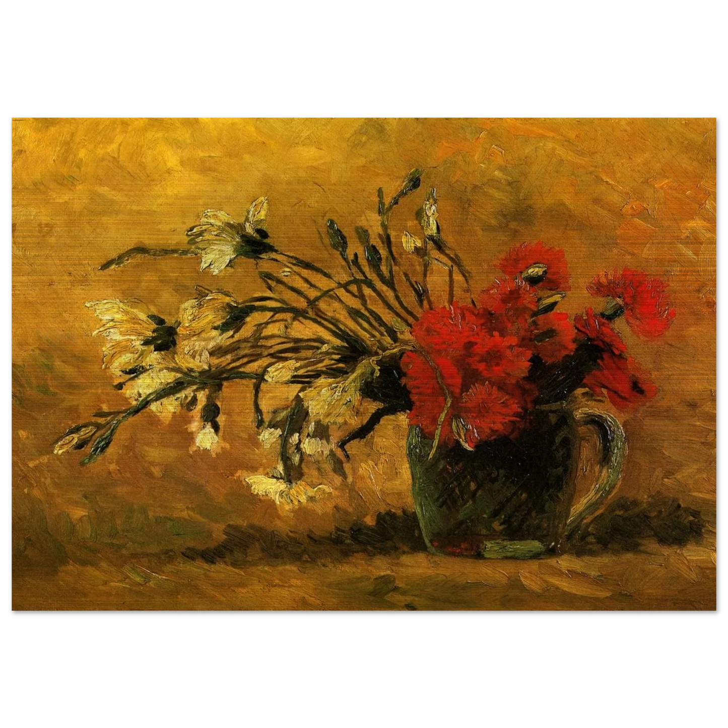 Vase with Red and White Carnations on a Yellow Background - Vincent van Gogh Brushed Aluminum Print - 70x100 cm / 28x40 inches | Vincent van Gogh Aluminum Print | Vincent van Gogh Prints