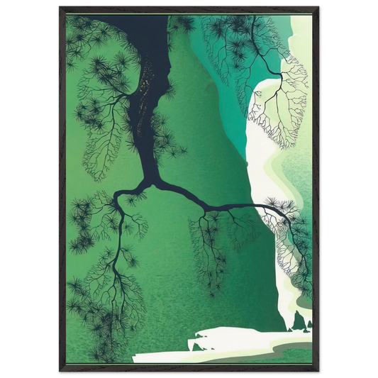 Sea Cliffs and Pine Branch - Eyvind Earle 70x100 cm / 28x40 inches Framed Art Print – Black Wooden Frame