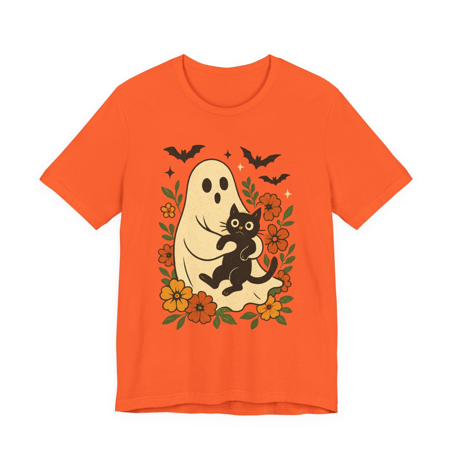 Fantasma Spettrale che tiene un Gatto Nero Fiori Groovy Halloween