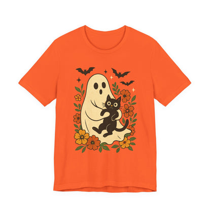 Fantasma Spettrale che tiene un Gatto Nero Fiori Groovy Halloween