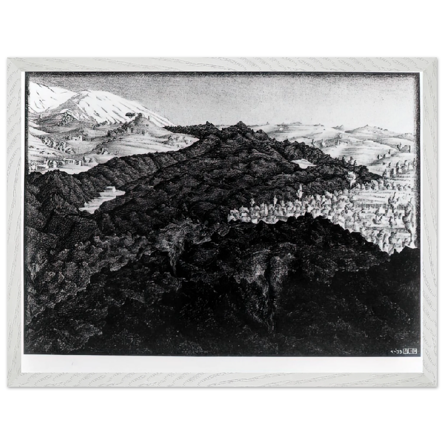 MC Escher - LAVA FLOW FROM ETNA Wall Art - 21x29.7 cm / 8x12" - Premium Wooden Framed Poster With Fine Art Paper - Black frame