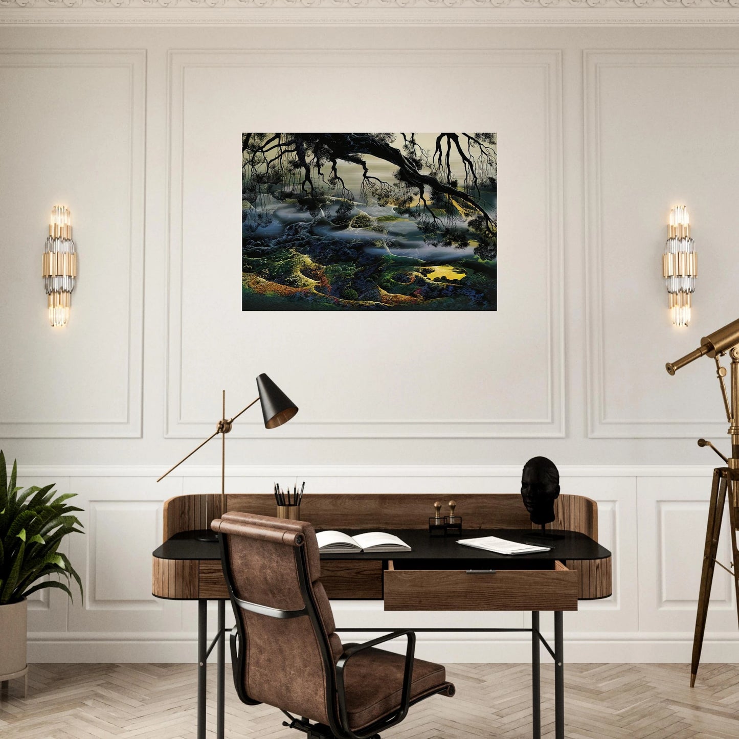 Fog Passes By - Eyvind Earle Brushed Aluminum Print - 70x100 cm / 28x40 inches | Eyvind Earle Aluminum Print | Eyvind Earle Prints