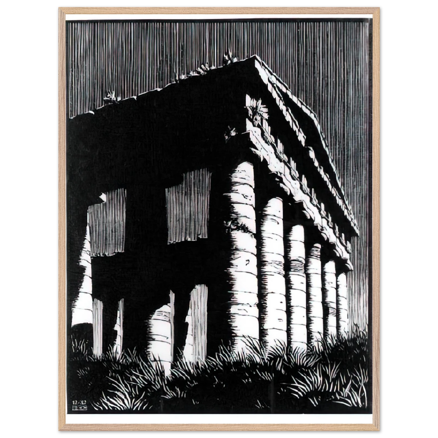 MC Escher - TEMPLE OF SEGESTE SICILY Wall Art - 30x40 cm / 12x16 inches - Premium Wooden Framed Poster With Fine Art Paper - Black frame