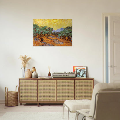Olive Trees with Yellow Sky and Sun - Vincent van Gogh Brushed Aluminum Print - 70x100 cm / 28x40 inches | Vincent van Gogh Aluminum Print | Vincent van Gogh Prints