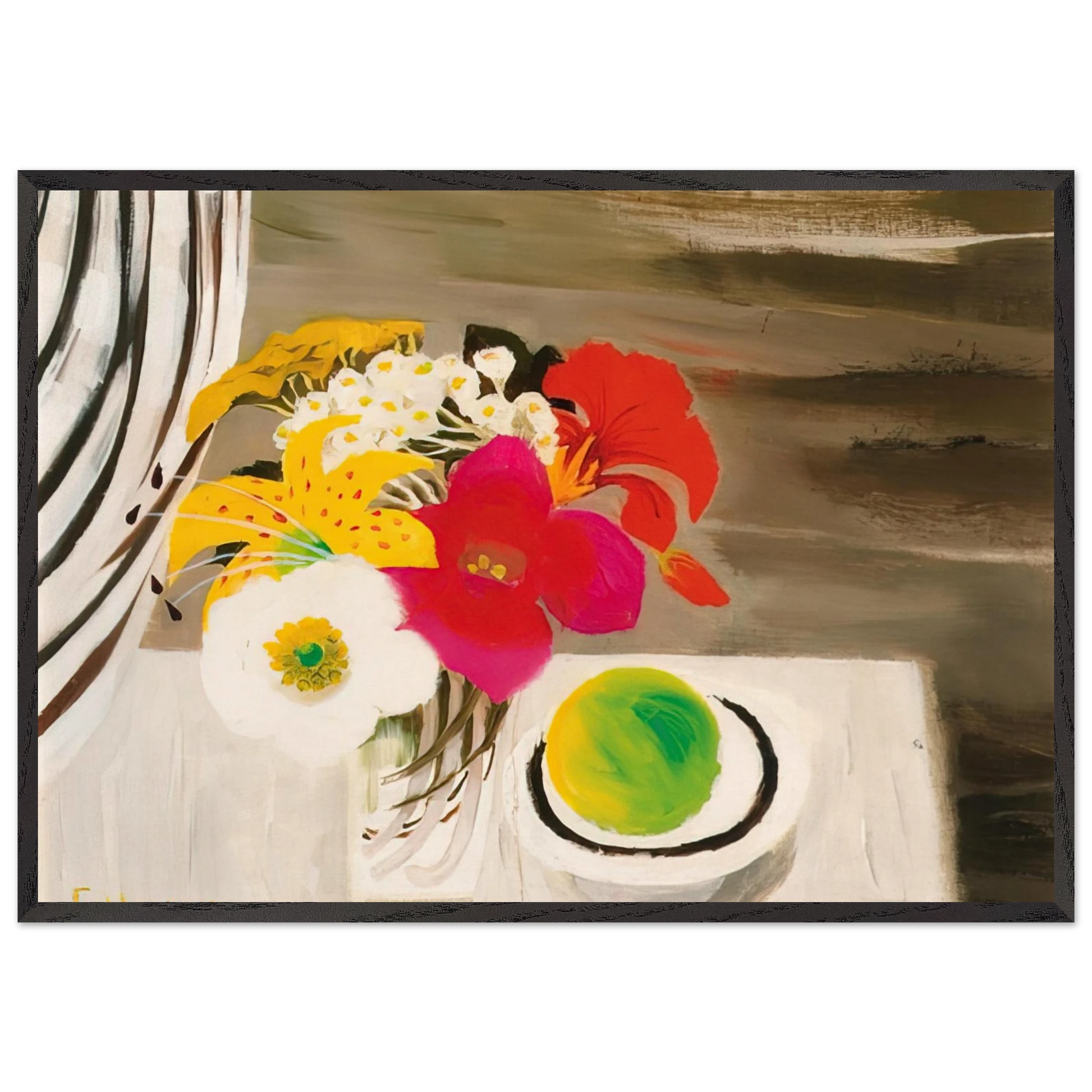 Still Life with Fruit and Flowers - 1988 - Mary Fedden Framed Art Print – Black Wooden Frame - Default Title - -Framed Art Print