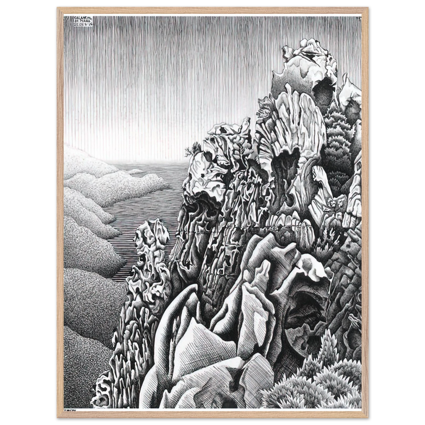 MC Escher - CALANQUES DE PIANA Wall Art - 60x80 cm / 24x32 inches - Premium Wooden Framed Poster With Fine Art Paper - Black frame
