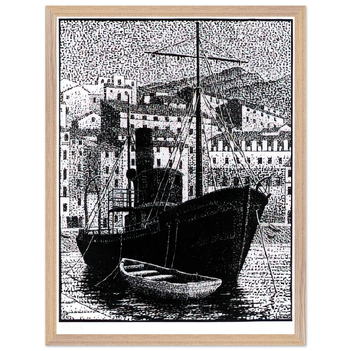 MC Escher - TUGBOAT OLD HARBOR OF BASTIA JANUARY 1934 1934 Wall Art - 60x80 cm / 24x32 inches - Premium Wooden Framed Poster With Fine Art Paper - White frame