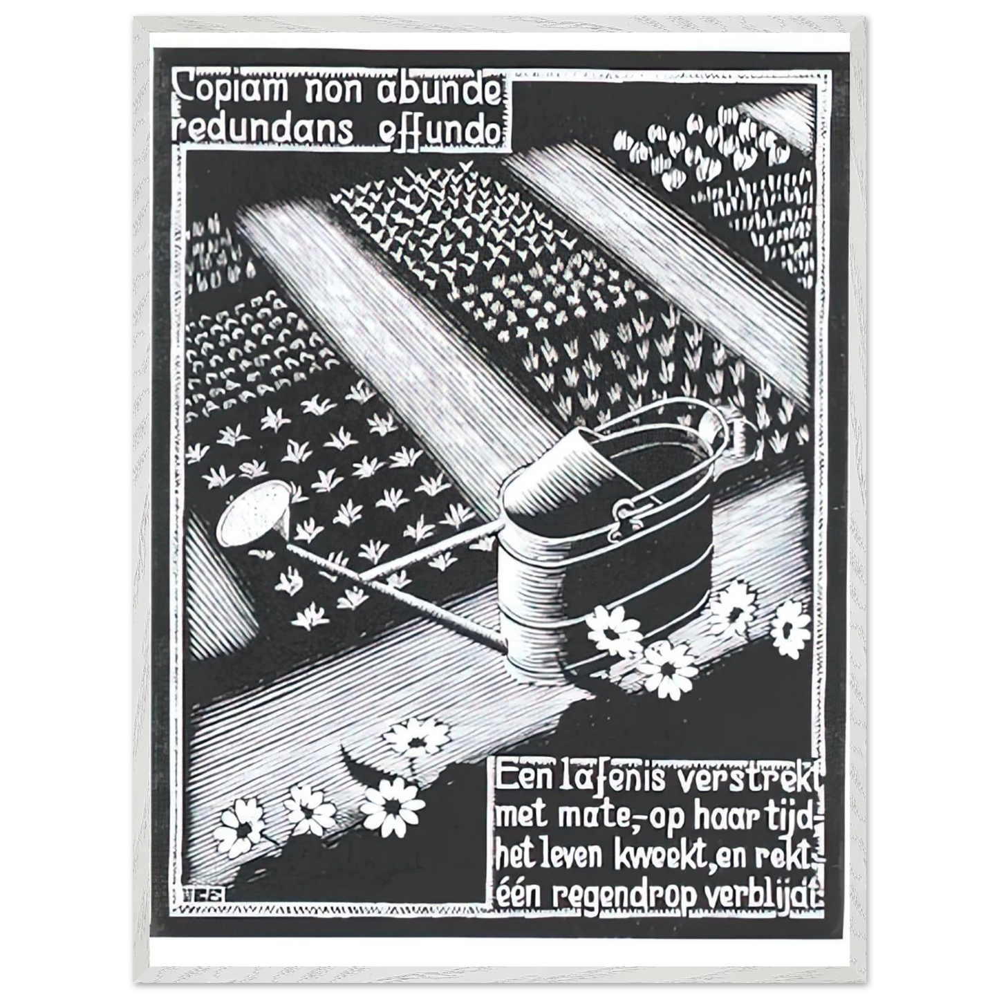 MC Escher - WATERINGCAN Wall Art - 21x29.7 cm / 8x12" - Premium Wooden Framed Poster With Fine Art Paper - Wood frame