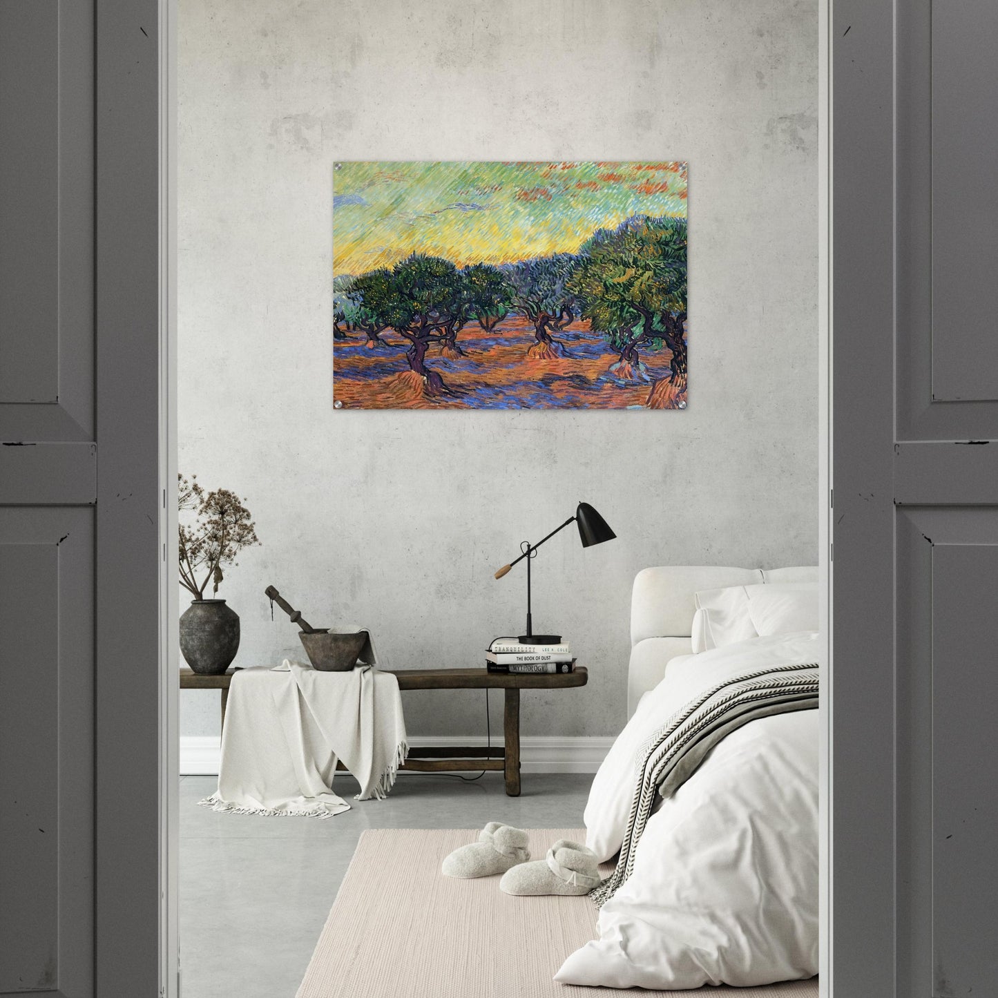 Olive Grove - Orange Sky - Vincent van Gogh Acrylic Print - 70x100 cm / 28x40″ inches