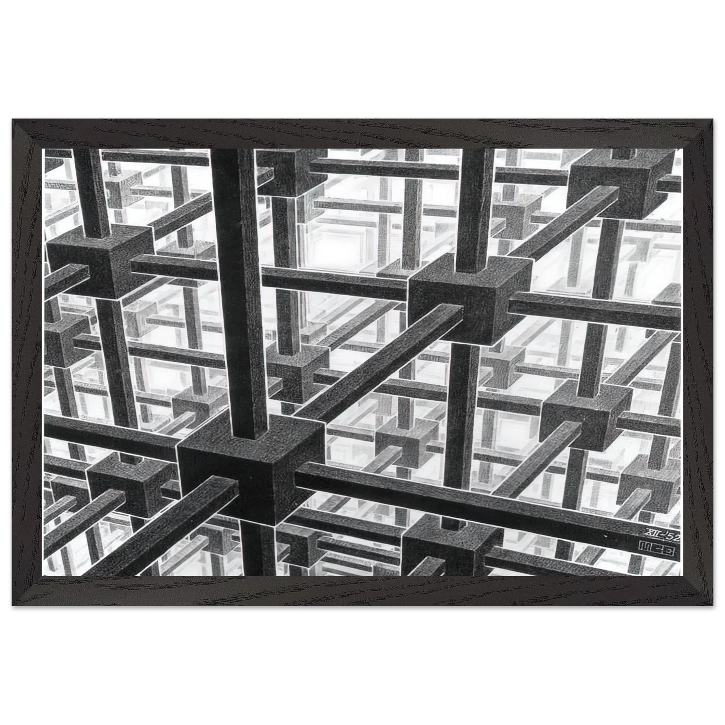 MC Escher - CUBIC SPACE DIVISION Wall Art - 30x40 cm / 12x16 inches - Premium Wooden Framed Poster With Fine Art Paper - Wood frame