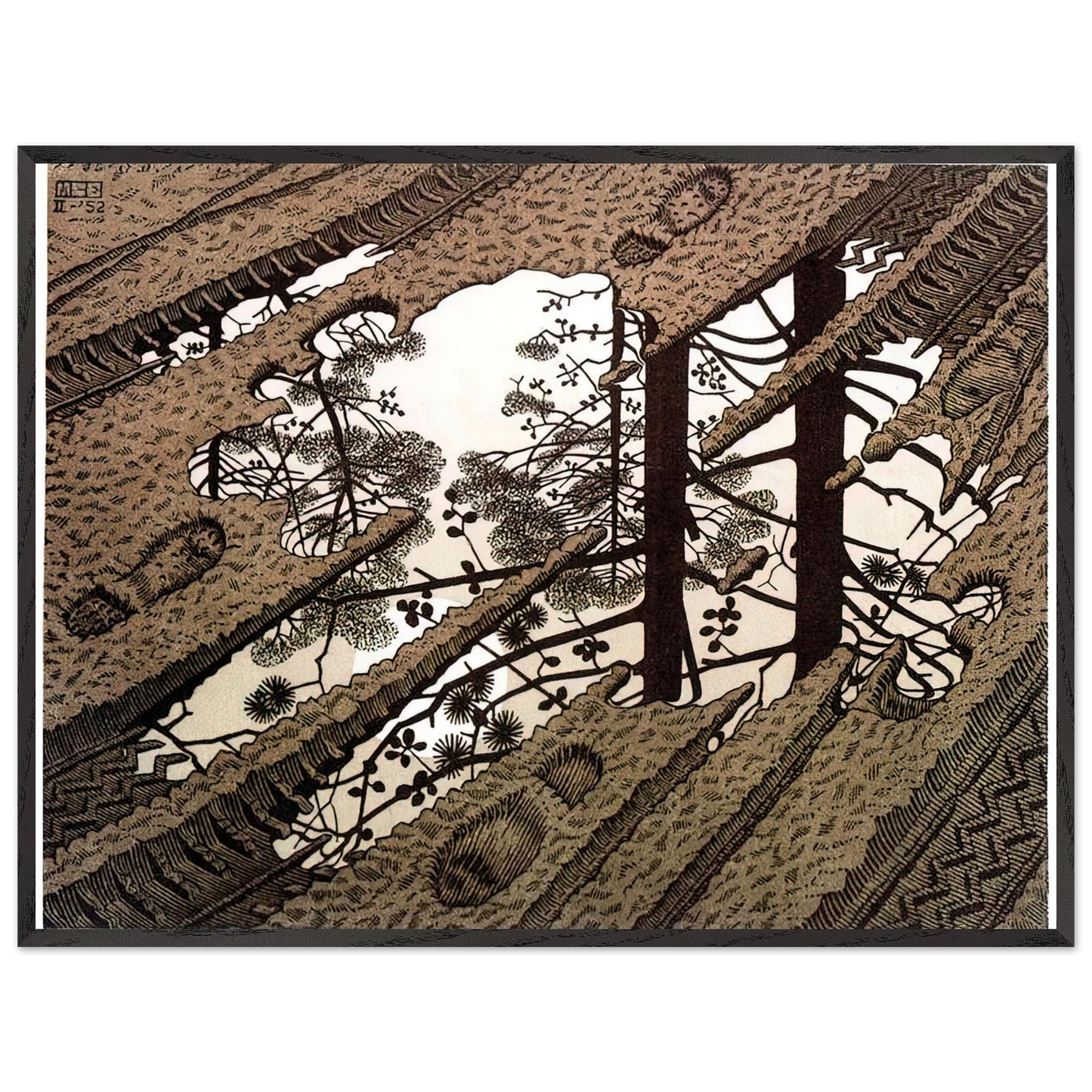 MC Escher - PUDDLE Wall Art - 30x40 cm / 12x16 inches - Premium Wooden Framed Poster With Fine Art Paper - White frame