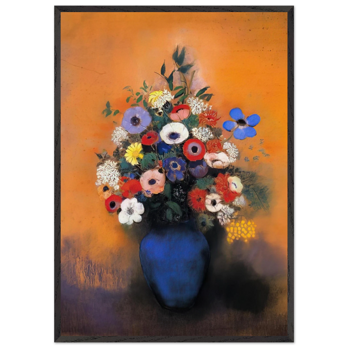 MINOSAS ANEMONIES AND LEAVES IN A BLUE VASE - Odilon Redon 70x100 cm / 28x40 inches Framed Art Print – Black Wooden Frame