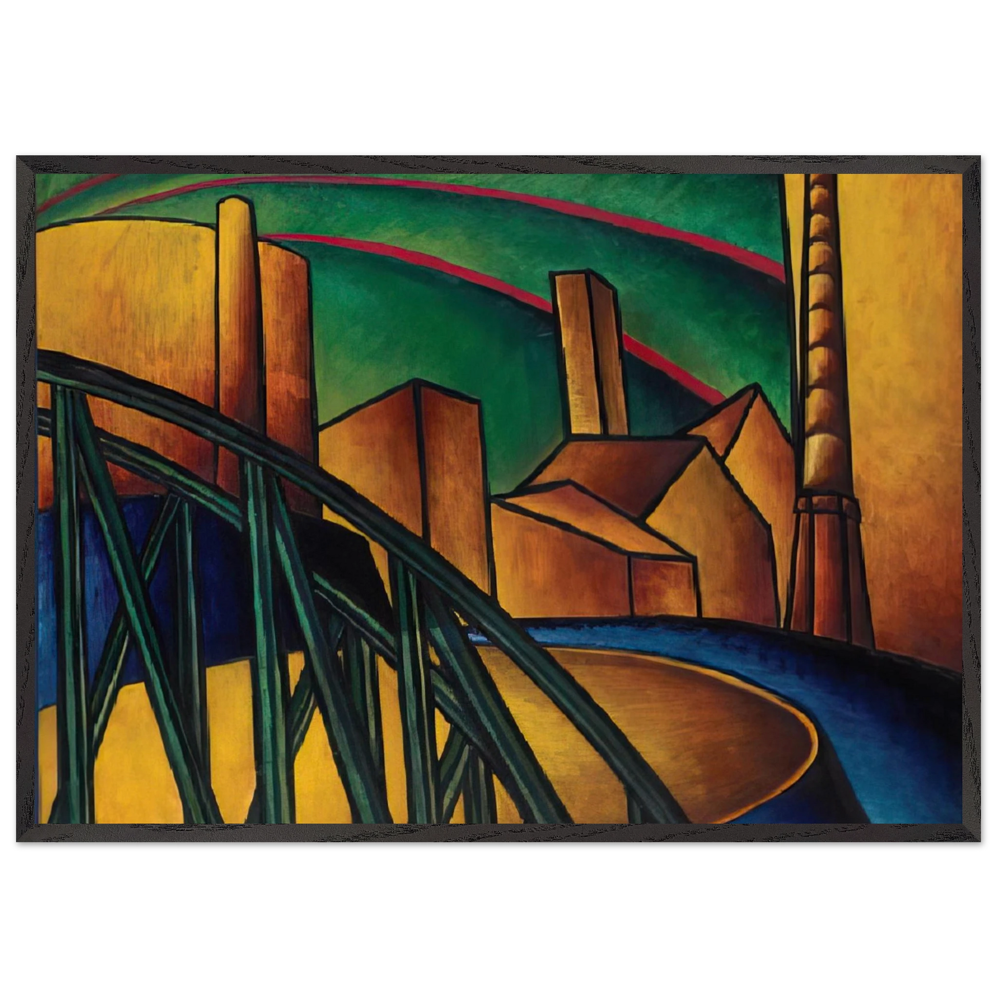 Landscape with Bridge at Obuda Hajogyar - Laszlo Moholy-Nagy Framed Art Print – Black Wooden Frame - Default Title - -Framed Art Print