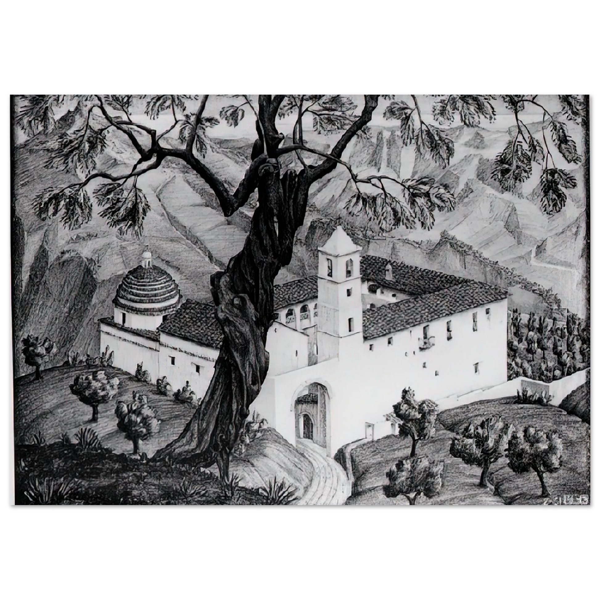 MC Escher - CLOISTER NEAR ROCCA IMPERIALE CALABRIA Wall Art - 21x29.7 cm / 8x12" - Premium Wooden Framed Poster With Fine Art Paper - Black frame