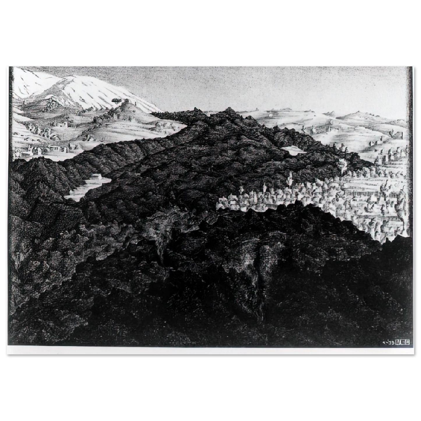 MC Escher - LAVA FLOW FROM ETNA Wall Art - 60x80 cm / 24x32 inches - Premium Wooden Framed Poster With Fine Art Paper - White frame