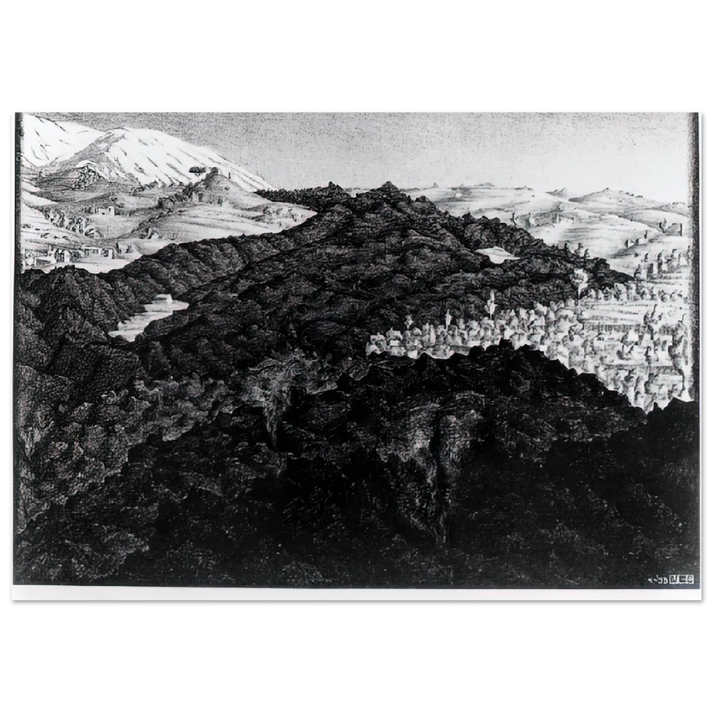 MC Escher - LAVA FLOW FROM ETNA Wall Art - 60x80 cm / 24x32 inches - Premium Wooden Framed Poster With Fine Art Paper - White frame