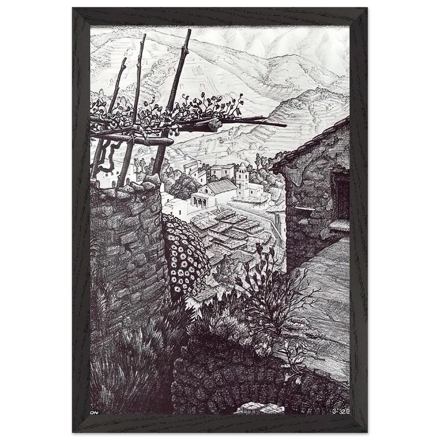 MC Escher - THE HAMLET OF TURELLO SOUTHERN ITALY Wall Art - 30x40 cm / 12x16 inches - Premium Wooden Framed Poster With Fine Art Paper - White frame