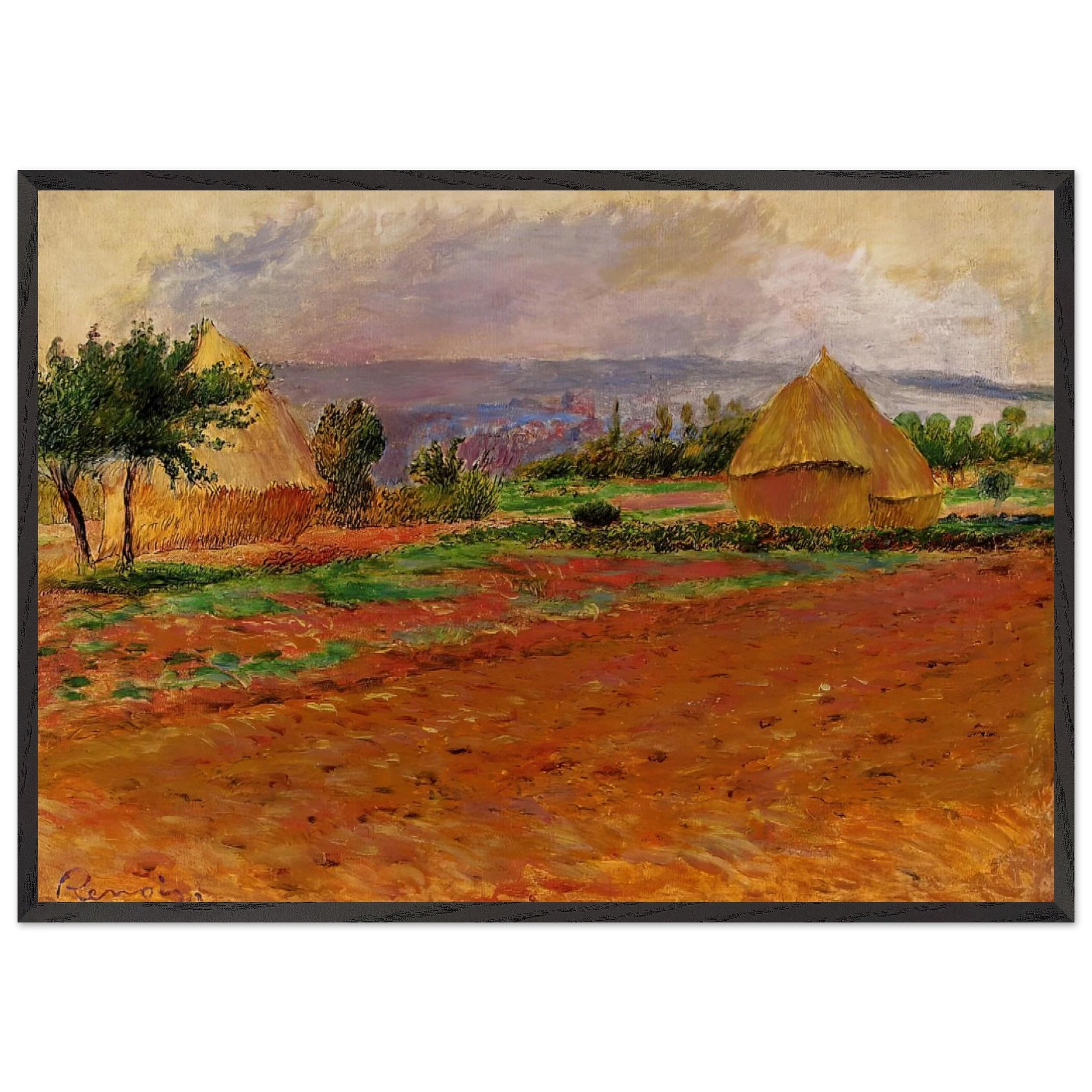 Field and Haystacks - Pierre-Auguste Renoir Framed Art Print – Black Wooden Frame - Default Title - -Framed Art Print