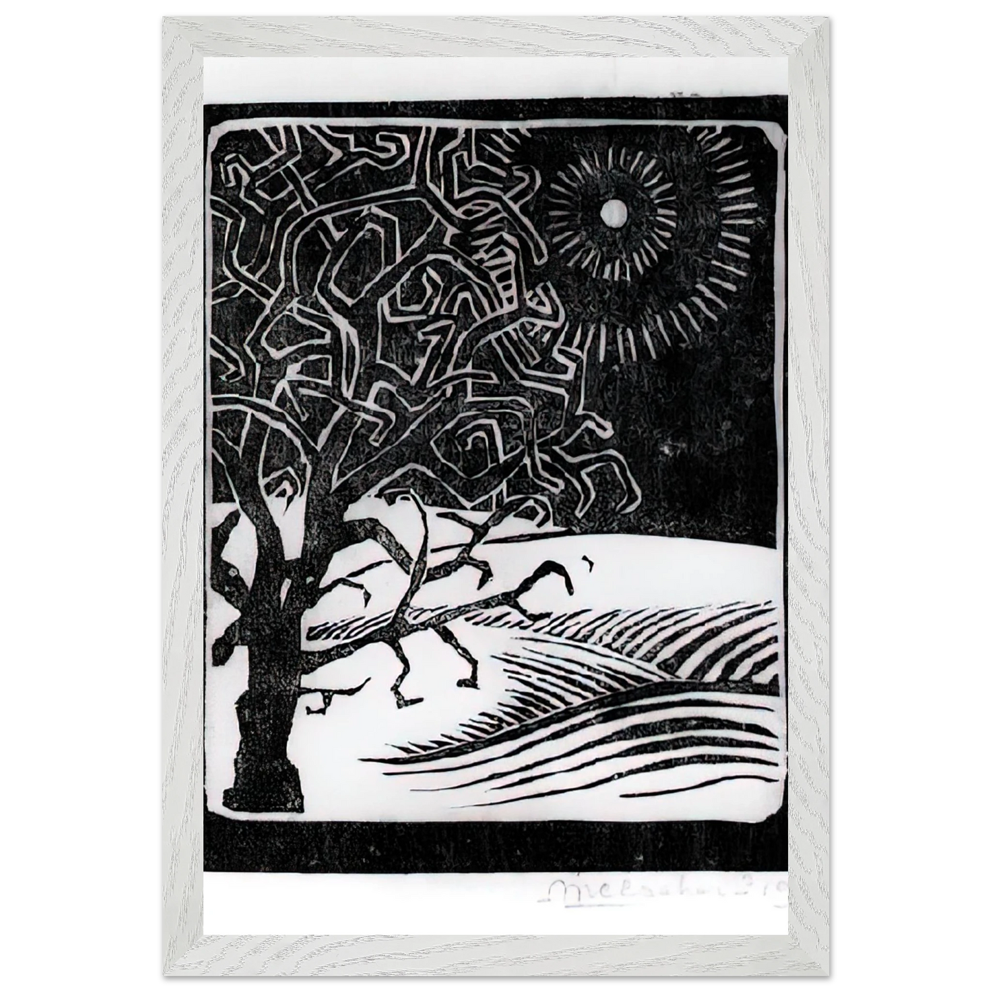 MC Escher - THE BORGER OAK Wall Art - 21x29.7 cm / 8x12" - Premium Wooden Framed Poster With Fine Art Paper - White frame