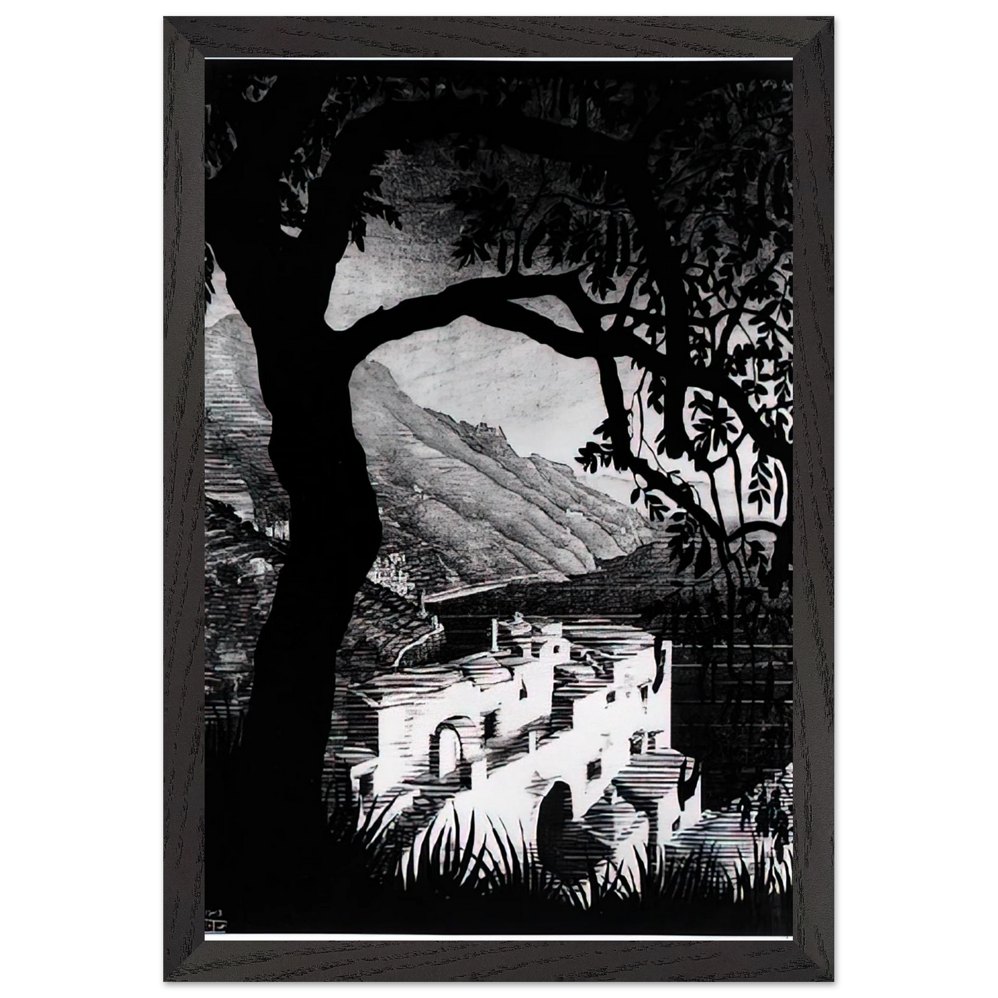 MC Escher - COAST OF AMALFI Wall Art - 60x80 cm / 24x32 inches - Premium Wooden Framed Poster With Fine Art Paper - White frame