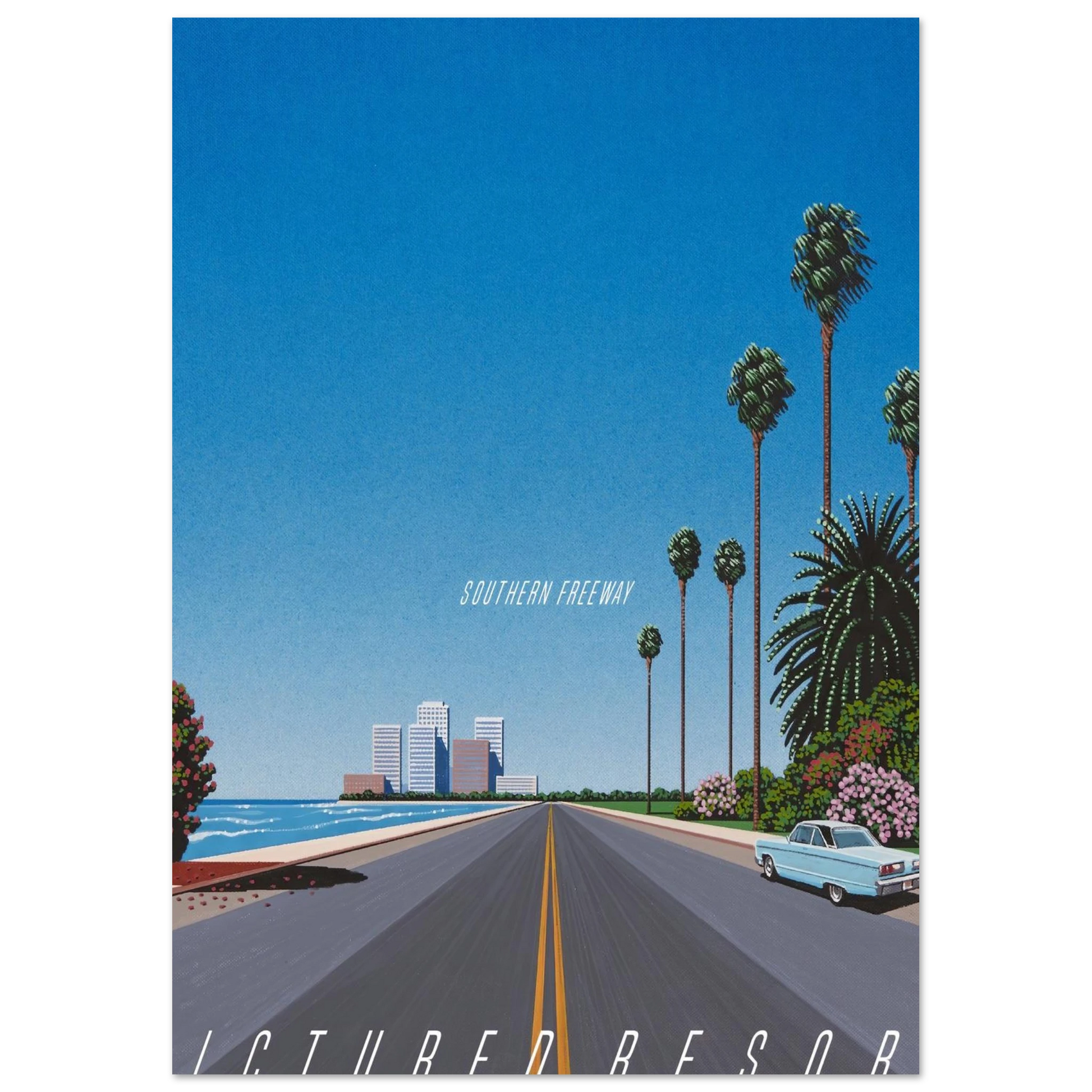 Hiroshi Nagai - Southern Freeway Pictured Resort Wall Art - 21x29.7 cm / 8x12" - Premium Wooden Framed Poster With Fine Art Paper - White frame