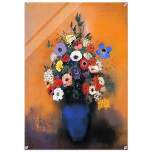 MINOSAS ANEMONIES AND LEAVES IN A BLUE VASE - Odilon Redon Acrylic Print - 70x100 cm / 28x40″ inches