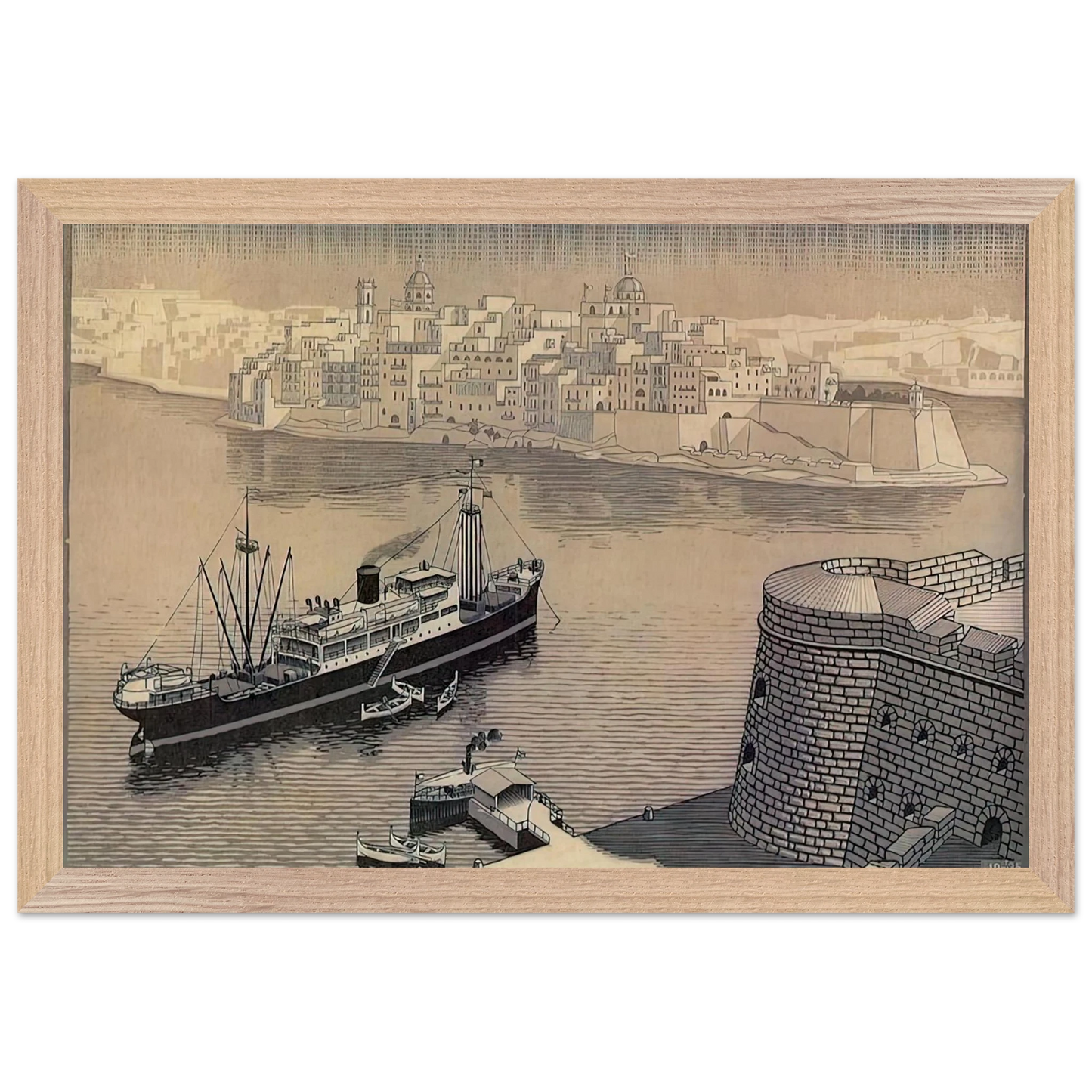 MC Escher - SENGELA MALTA Wall Art - 30x40 cm / 12x16 inches - Premium Wooden Framed Poster With Fine Art Paper - Black frame