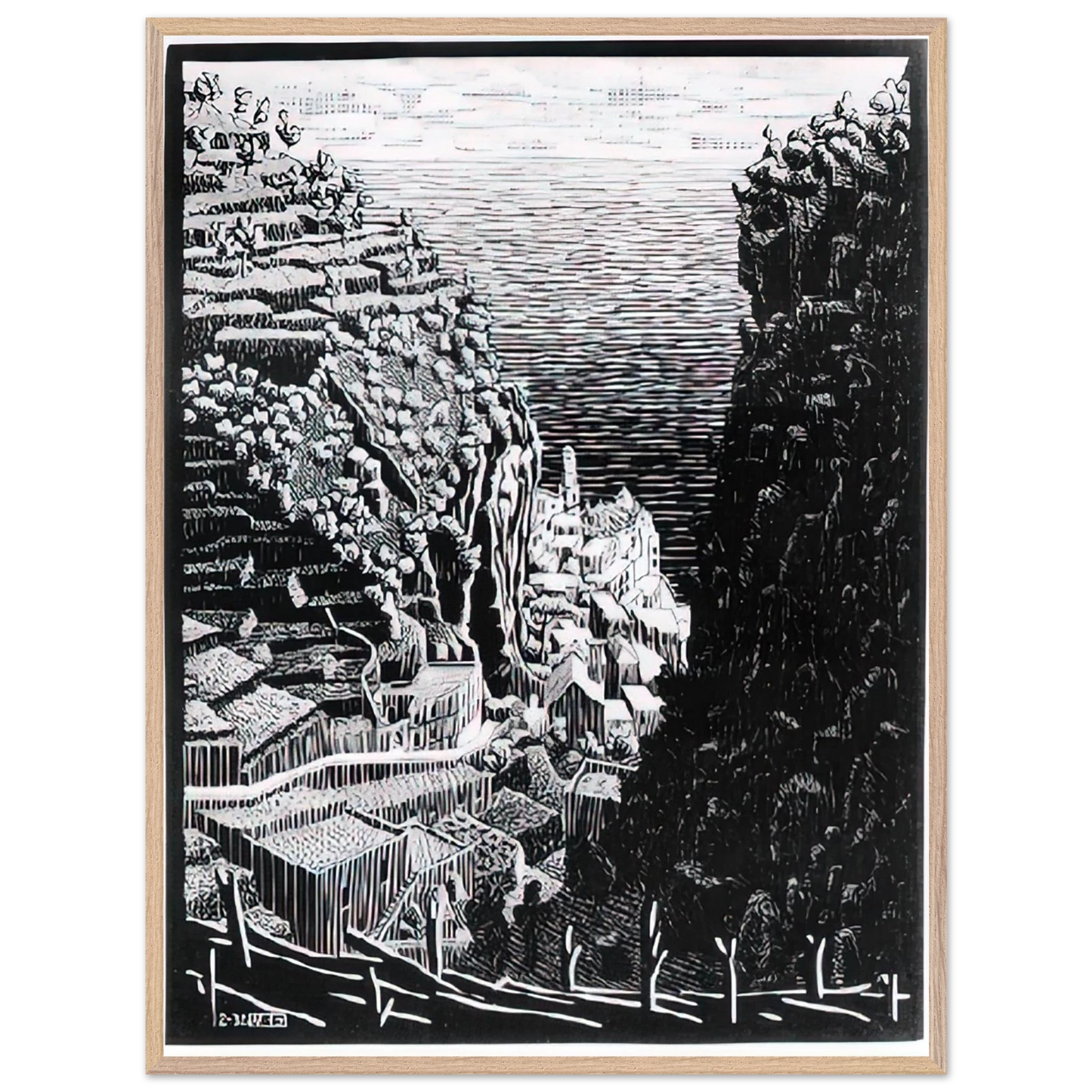 MC Escher - ATRANI COAST OF AMALFI 1 Wall Art - 60x80 cm / 24x32 inches - Premium Wooden Framed Poster With Fine Art Paper - White frame