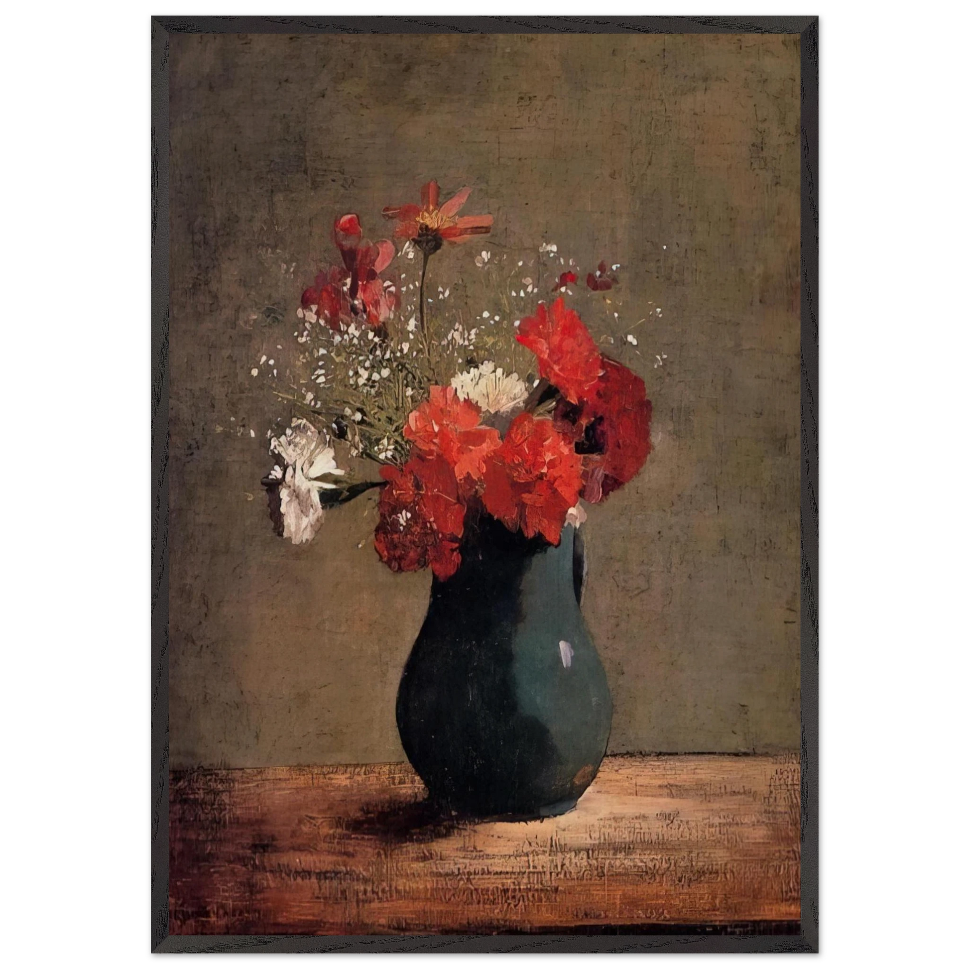 CARNATIONS AND BABY S BREATH IN A GREEN PITCHER - Odilon Redon Framed Art Print – Black Wooden Frame - Default Title - -Framed Art Print