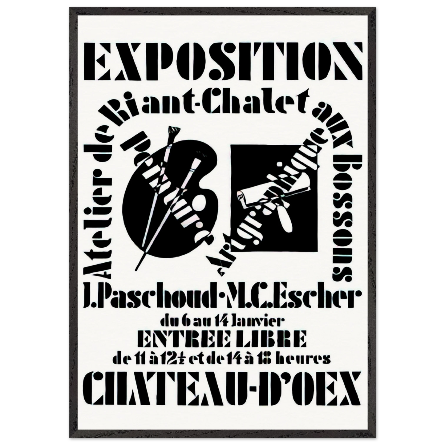 POSTER FOR EXHIBITION JOHN PASCHOUD AND M C ESCHER DECEMBER 1936 1936 - MC Escher Framed Art Print – Black Wooden Frame - Default Title - -Framed Art Print