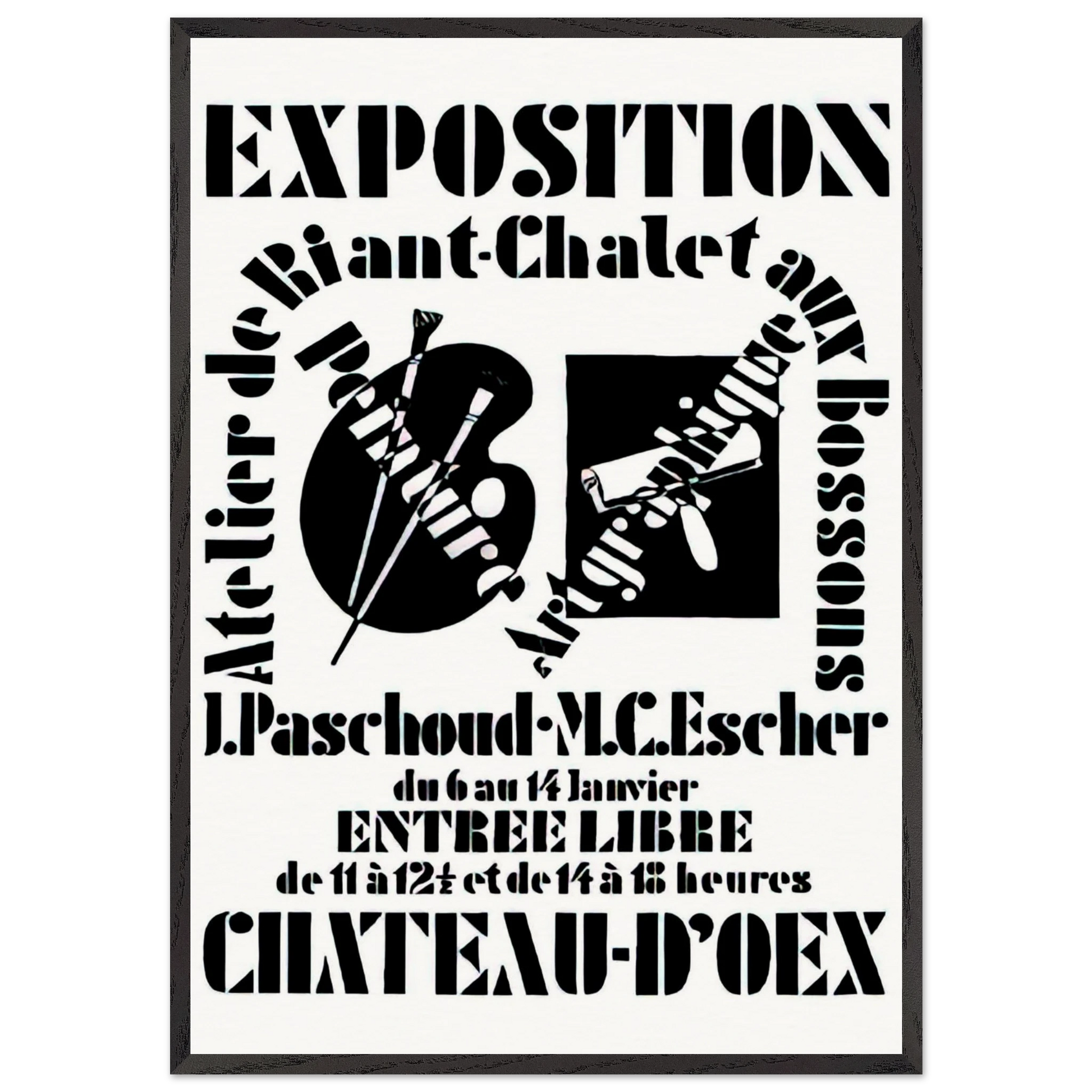 POSTER FOR EXHIBITION JOHN PASCHOUD AND M C ESCHER DECEMBER 1936 1936 - MC Escher Framed Art Print – Black Wooden Frame - Default Title - -Framed Art Print