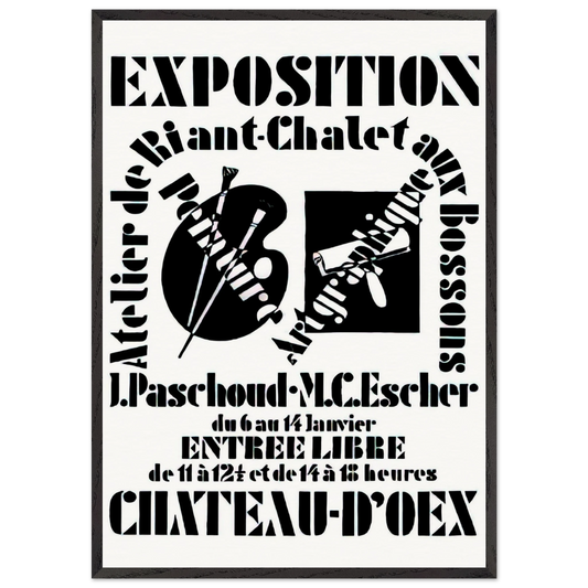 POSTER FOR EXHIBITION JOHN PASCHOUD AND M C ESCHER DECEMBER 1936 1936 - MC Escher Framed Art Print – Black Wooden Frame - Default Title - -Framed Art Print
