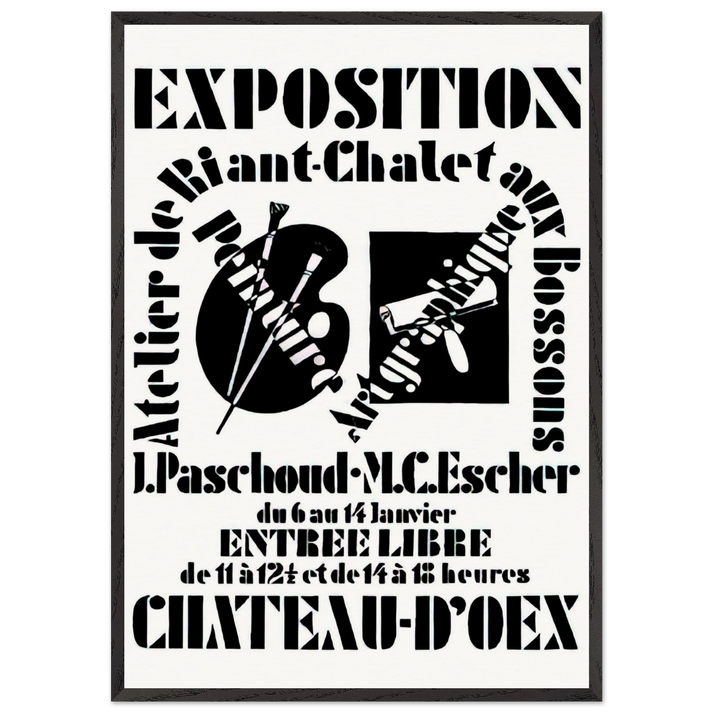 POSTER FOR EXHIBITION JOHN PASCHOUD AND M C ESCHER DECEMBER 1936 1936 - MC Escher 70x100 cm / 28x40 inches Framed Art Print – Black Wooden Frame | Maurits Cornelis Escher Prints