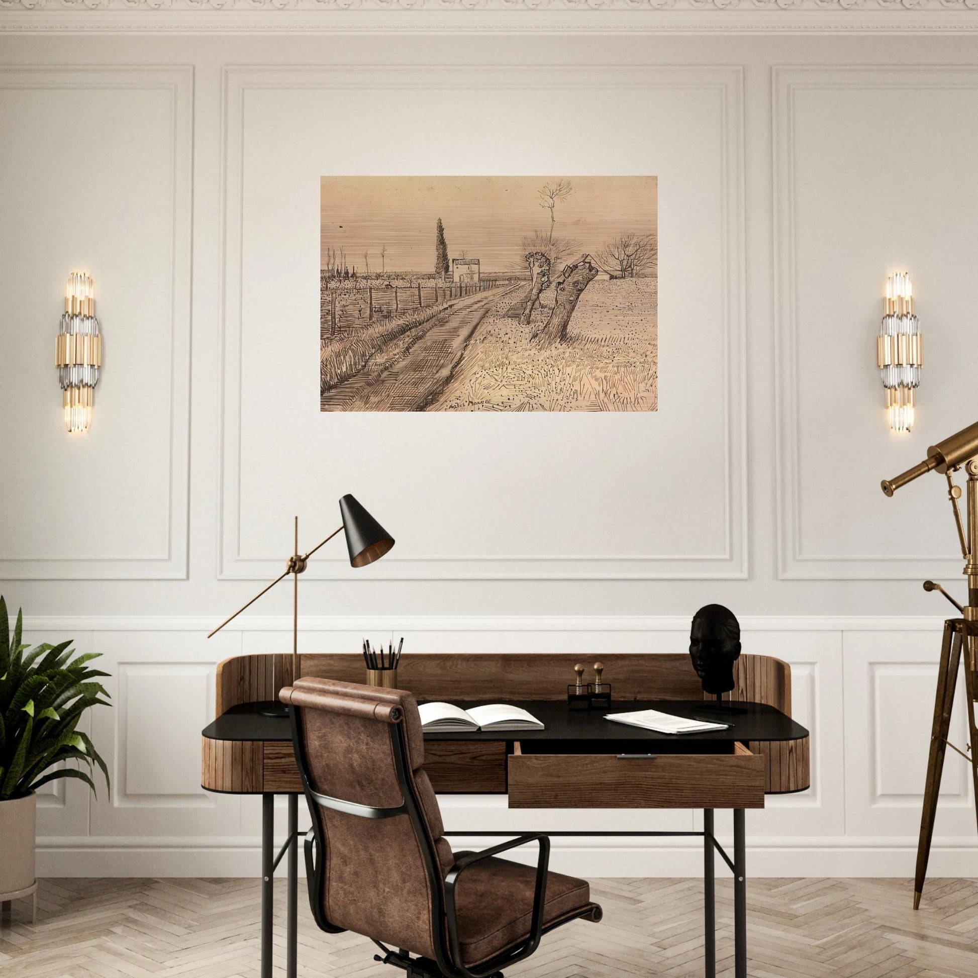 Landscape with Path and Pollard Trees - Vincent van Gogh Brushed Aluminum Print - 70x100 cm / 28x40 inches | Vincent van Gogh Aluminum Print | Vincent van Gogh Prints