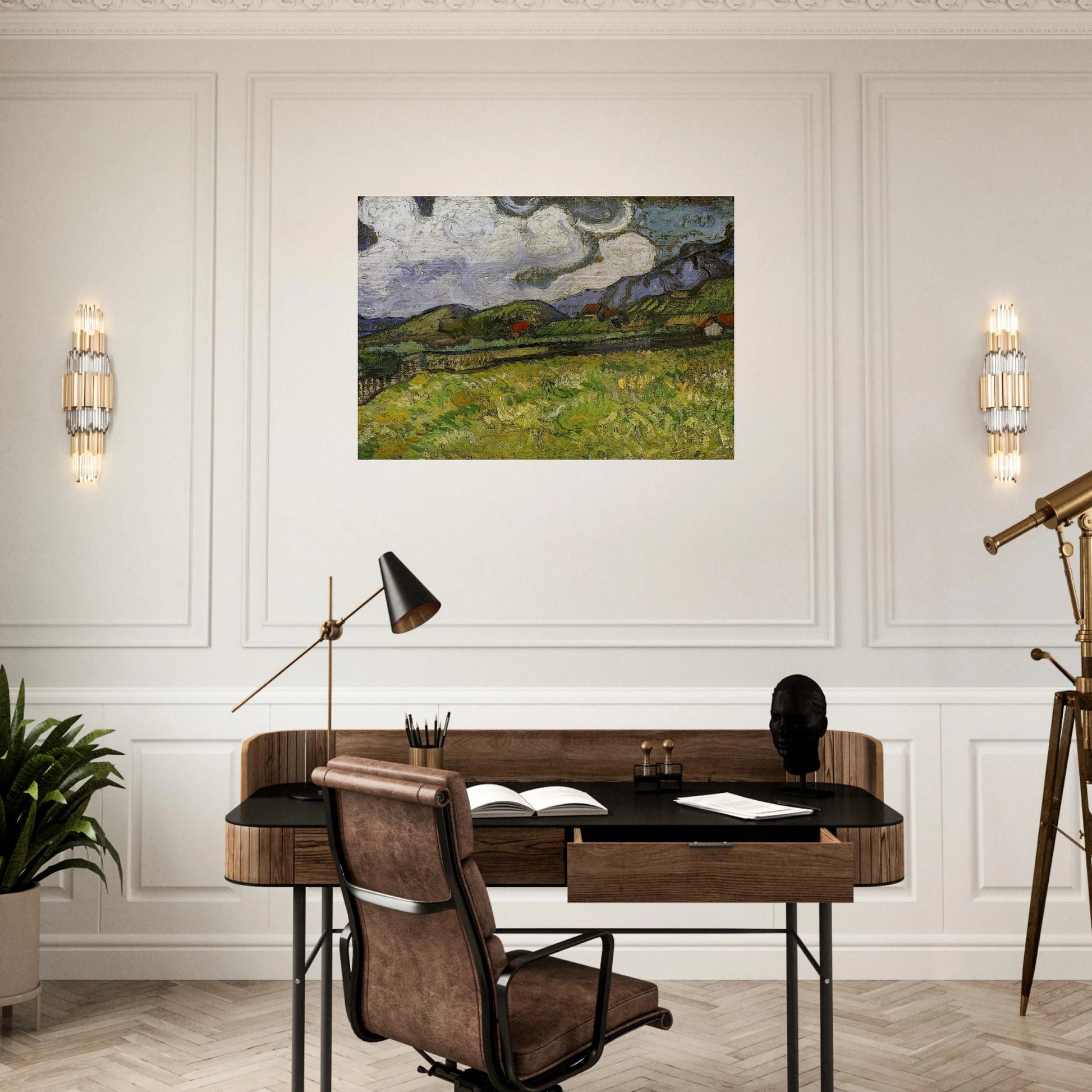 Wheat Field behind Saint-Paul Hospital with a Reaper - Vincent van Gogh Brushed Aluminum Print - 70x100 cm / 28x40 inches | Vincent van Gogh Aluminum Print | Vincent van Gogh Prints