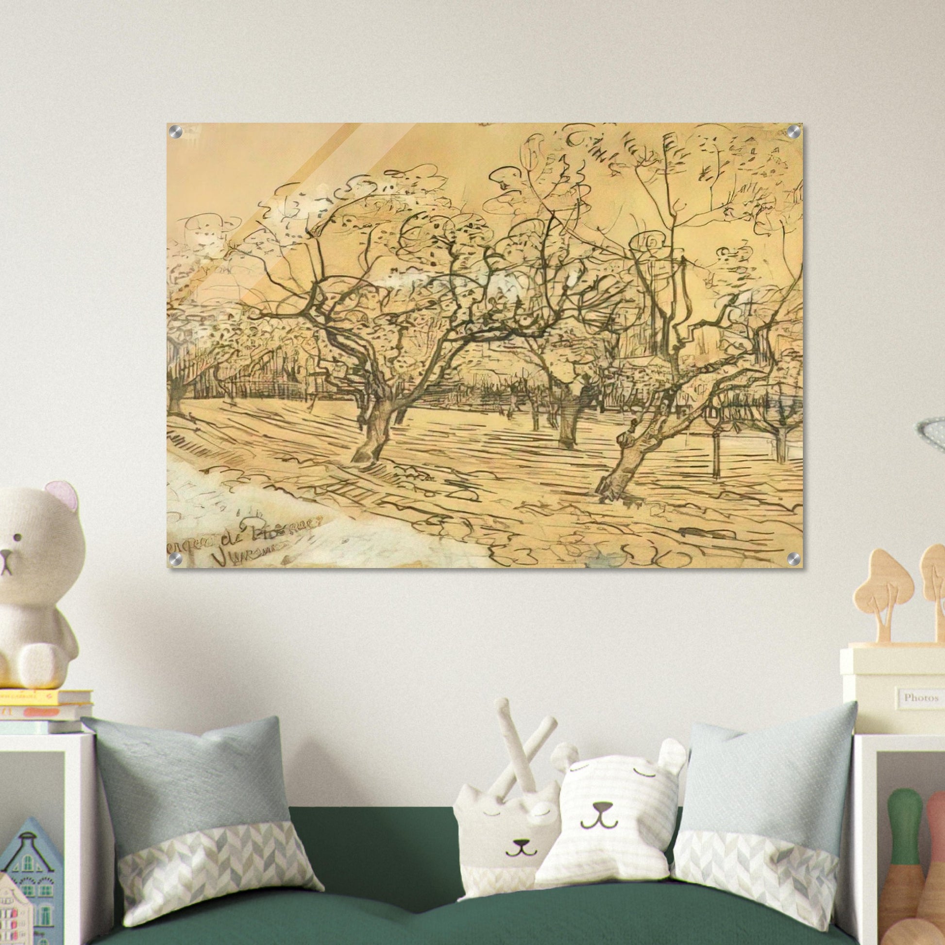 Orchard with Blossoming Plum Trees The White Orchard - Vincent van Gogh Acrylic Print - 70x100 cm / 28x40″ inches | Vincent van Gogh Wall Art | Vincent van Gogh Prints