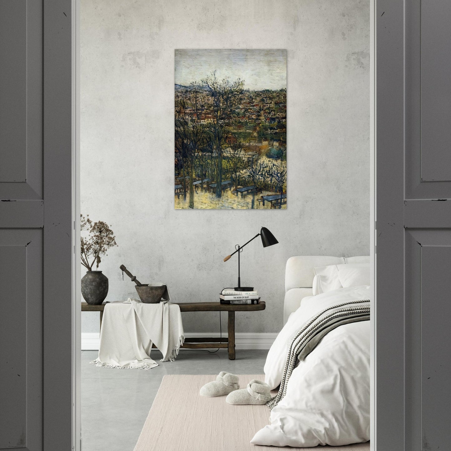 BENCHES AT MONTMAGNY VAL D OISE - Maurice Utrillo Brushed Aluminum Print - 70x100 cm / 28x40 inches | Maurice Utrillo Aluminum Print | Maurice Utrillo Prints