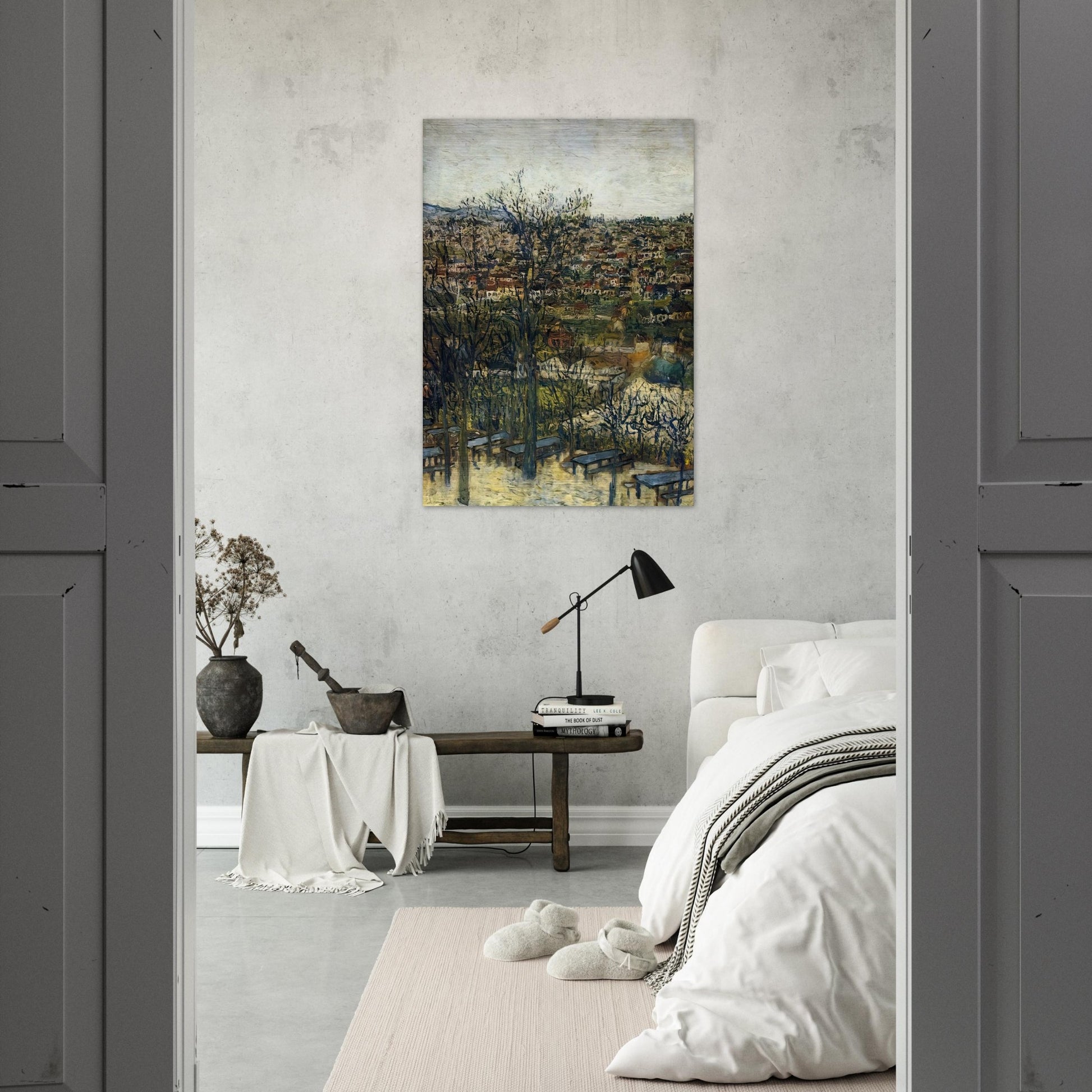 BENCHES AT MONTMAGNY VAL D OISE - Maurice Utrillo Brushed Aluminum Print - 70x100 cm / 28x40 inches | Maurice Utrillo Aluminum Print | Maurice Utrillo Prints