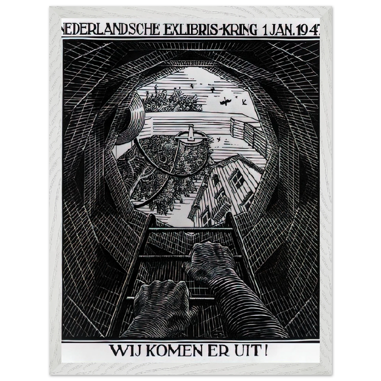 MC Escher - NEW YEAR S GREETING CARD Wall Art - 60x80 cm / 24x32 inches - Premium Wooden Framed Poster With Fine Art Paper - Wood frame