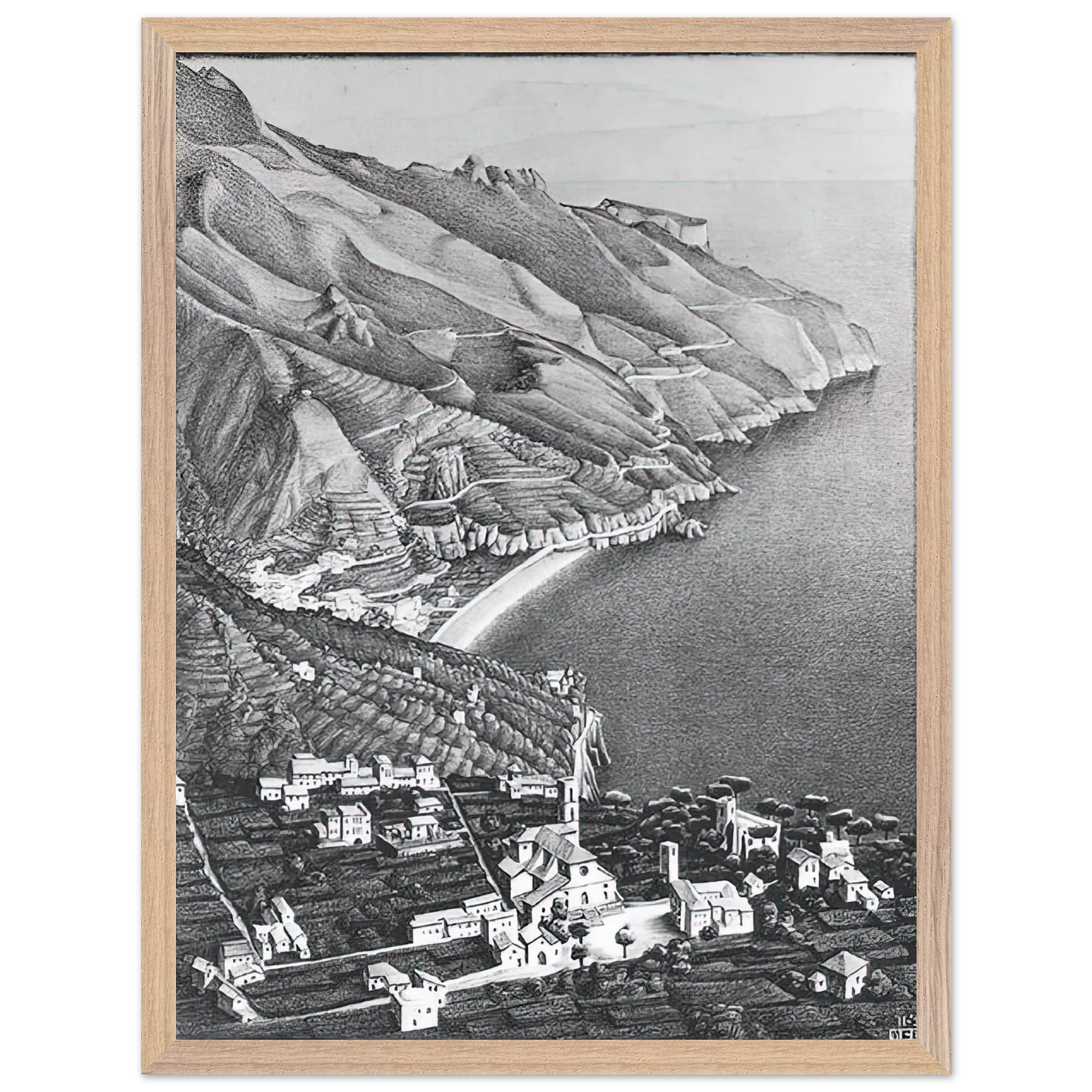 MC Escher - RAVELLO AND THE COAST OF AMALFI Wall Art - 60x80 cm / 24x32 inches - Premium Wooden Framed Poster With Fine Art Paper - Black frame