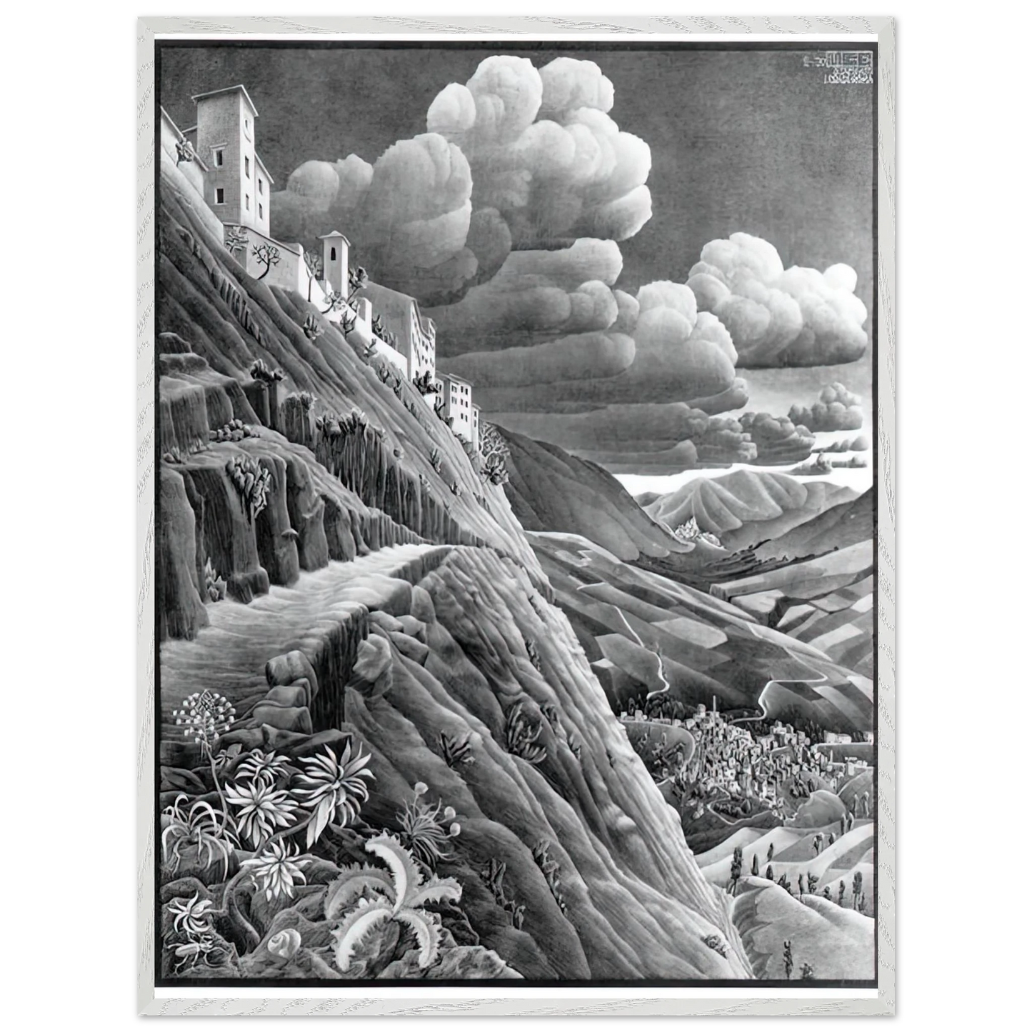 MC Escher - CASTROVALVA Wall Art - 21x29.7 cm / 8x12" - Premium Wooden Framed Poster With Fine Art Paper - Black frame