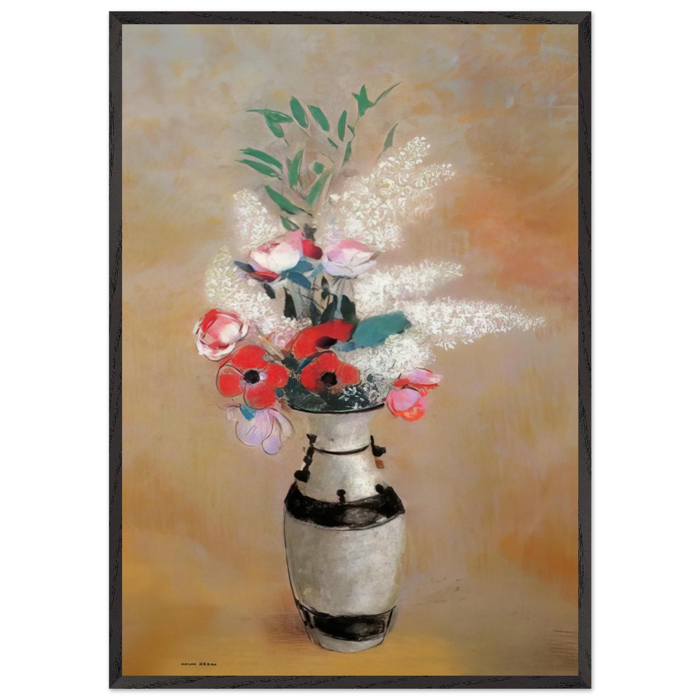 BOUQUET WITH WHITE LILIES IN A JAPANESE VASE - Odilon Redon Framed Art Print – Black Wooden Frame - Default Title - -Framed Art Print