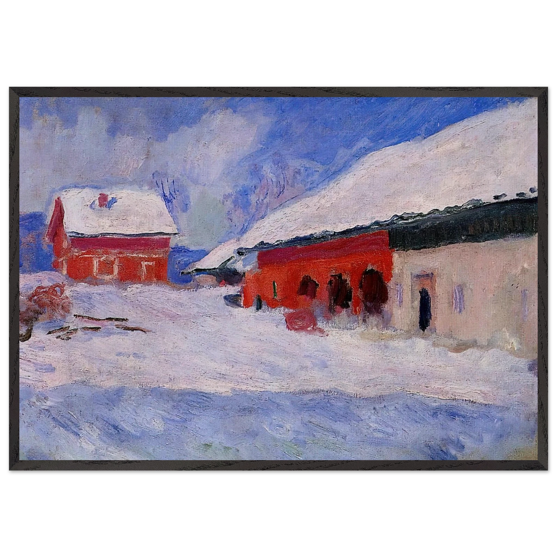 Red Houses at Bjornegaard in the Snow Norway - claude monet Framed Art Print – Black Wooden Frame - Default Title - -Framed Art Print